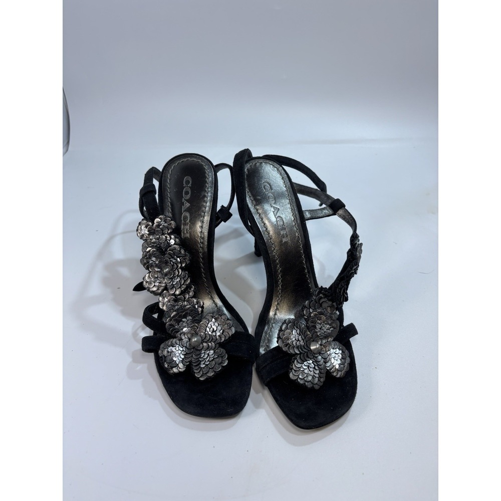 Coach Black Suede Strappy Floral Sequin Ankle Strap Buckle Stiletto Heels 6.5